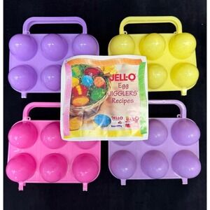 4 Jell-O JIGGLERS Plastic Easter Egg Molds Shots All Etched With Recipe Book